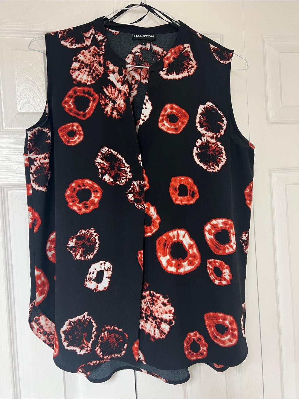 Halston Black Sleeveless V-Neck Top with Abstract Circles